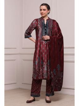 Biba - Women Maroon Polyester Straight Printed Kurta and Pant with Dupatta