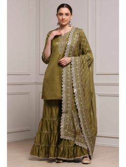 Biba - Women Mehndi Green Cotton Silk Straight Kurti and Sharara with Dupatta
