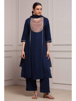 Biba - Women Navy Blue Viscose Rayon A-Line Kurta and Pant with Dupatta