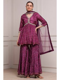 Biba - Women Purple Printed Peplum Kurti and Sharara with Dupatta
