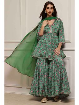 Biba - Women Green Art Silk Gathered Kurti and Sharara with Dupatta