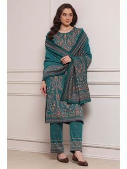Biba - Women Emerald Green Cotton Blend Straight Kurta and Pant with Dupatta