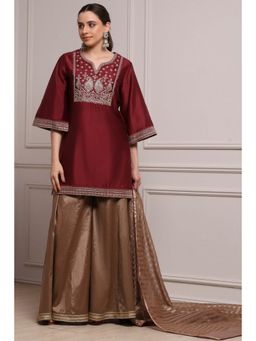 Biba - Women Maroon Cotton Blend Solid Kurti and Palazzo with Dupatta