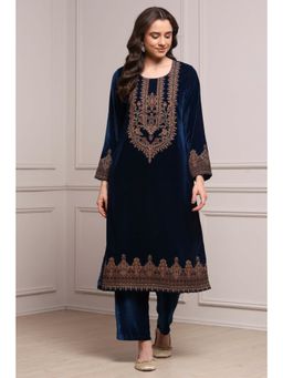 Biba - Women Navy Blue Polyester Printed Straight Kurta and Pant