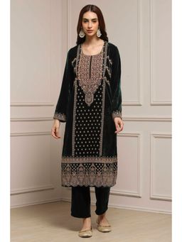 Biba - Women Dark Green Art Silk Straight Kurta and Pant