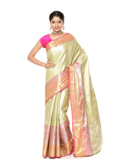 Banarasi Silk Works - Green Kanchi Silk Jamdani Tissue Paithani Banarasi Sari with Unstitched Blouse