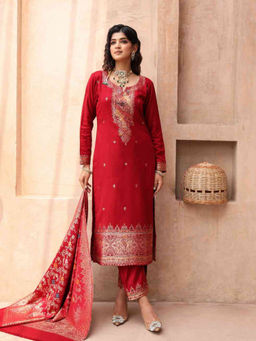 Kidar - Womens Unstitched Casual Wear Suit Red (Set of 3)