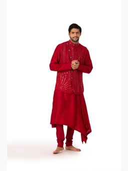 kshitij choudhary - Arzen Embroidered Red Kurta With Pant & Bundi