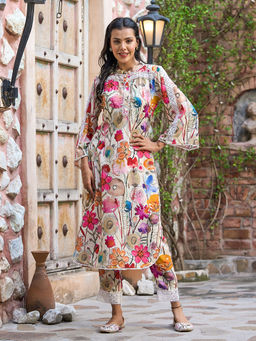 FASHOR - Floral Printed Kurta with Pant - Off White (Set of 2)