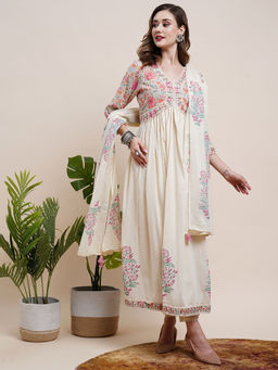 FASHOR - Floral Printed Anarkali Kurta with Pants & Dupatta - Off White (Set of 3)