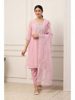 Biba - Women Pink Poly Chanderi Straight Kurta Pant with Dupatta
