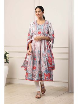 Biba - Women White Cotton Kalidar Kurta Churidar with Dupatta