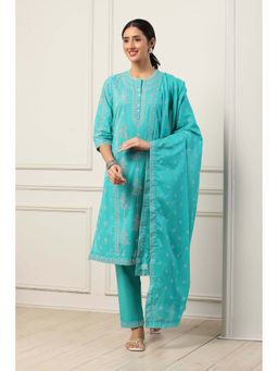 Biba - Women Turquoise Cotton Straight Kurta Pant with Dupatta