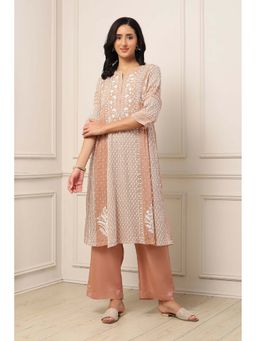 Biba - Women Peach Viscose Organza Straight Kurta & Pant