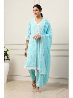 Biba - Women Turquoise Cotton Straight Kurta Pant with Dupatta