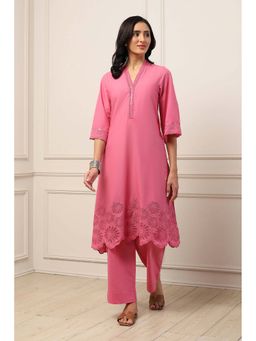 Biba - Women Pink Cotton Straight Kurta & Pant