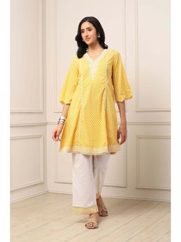 Biba - Women Yellow Cotton Kalidar Kurti & Pant