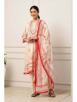 Biba - Women Beige Cotton A-Line Kurta Pant with Dupatta