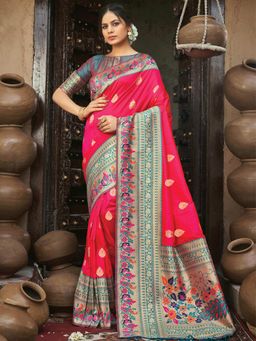 Odette - Womens Pink Paithani Silk Woven Design Saree with Unstitched Blouse