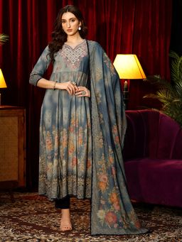 Libas - Blue Floral Anarkali Kurta With Pant & Dupatta