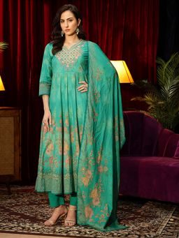 Libas - Green Floral Anarkali Kurta With Pant & Dupatta