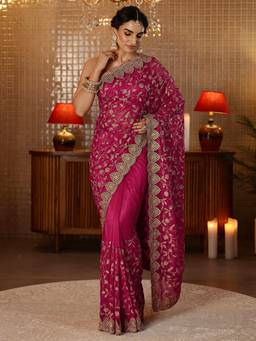 Libas - Magenta Floral Zari Embroidered Saree With Blouse Piece