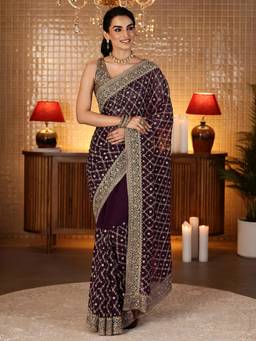 Libas - Burgundy Floral Zari Embroidered Saree With Blouse Piece