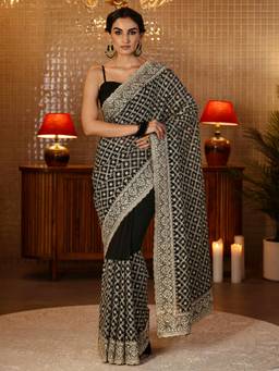 Libas - Black Floral Zari Embroidered Saree With Blouse Piece