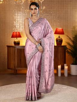 Libas - Pink Floral Embroidered Saree With Blouse Piece