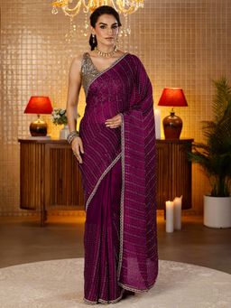 Libas - Burgundy Striped Beads Embellished Saree With Blouse Piece