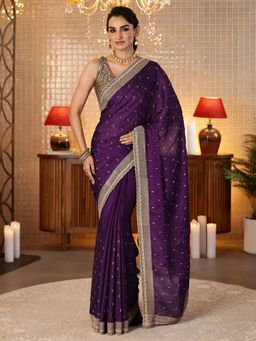 Libas - Burgundy Stone Work Embellished Saree With Blouse Piece