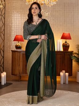 Libas - Green Beads Embellished Saree With Blouse Piece