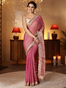 Libas - Pink Leheriya Zari Embellished Saree With Blouse Piece