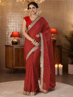 Libas - Red Leheriya Zari Embellished Saree With Blouse Piece