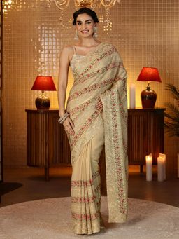 Libas - Beige Floral Embroidered Saree With Blouse Piece