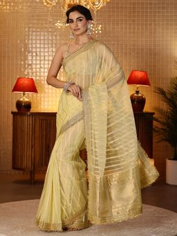 Libas - Yellow Embellished Striped Saree With Blouse Piece