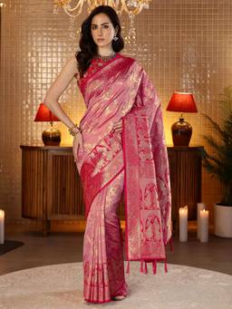 Libas - Pink Floral Woven Design Saree With Blouse Piece