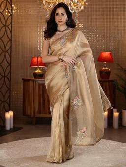 Libas - Gold Floral Patchwork Embellished Saree With Blouse Piece