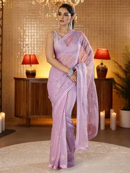 Libas - Lavender Ethnic Motif Beads Embellished Saree With Blouse Piece