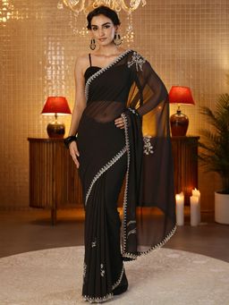 Libas - Black Floral Stonework Embellished Saree With Blouse Piece