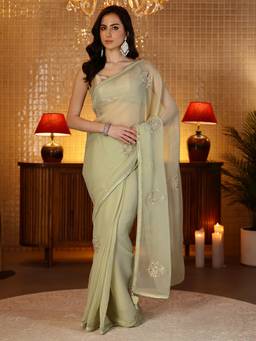 Libas - Green Ethnic Motif Beads Embellished Saree With Blouse Piece