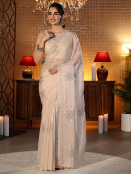 Libas - Beige Self Design Sequins Embellished Saree With Blouse Piece