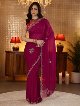 Libas - Magenta Floral Stone Work Embellished Saree With Blouse Piece