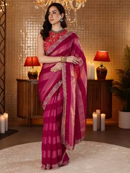Libas - Pink Striped Embellished Saree With Blouse Piece