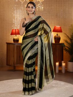 Libas - Black Striped Embellished Saree With Blouse Piece
