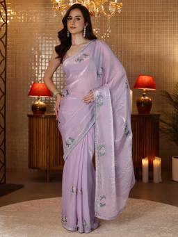Libas - Lavender Tribal Beads Embellished Saree With Blouse Piece