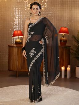 Libas - Black Floral Stone Work Embellished Saree With Blouse Piece