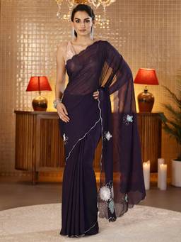 Libas - Purple Floral Patchwork Beads Embellished Saree With Blouse Piece