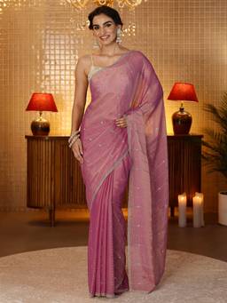 Libas - Pink Beads Striped Embellished Saree With Blouse Piece