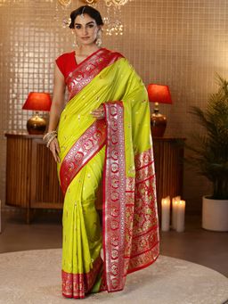 Libas - Green Floral Zari Woven Design Saree With Blouse Piece